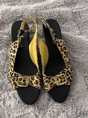 Annie Leopard Print Slingback Heels with Gold Buckles
